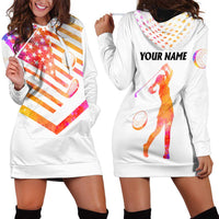 USA Golf Design Hoodie Dress Watercolor Female Silhouette and Orange Gradient Flag and Ball Pattern - Wonder Print Shop