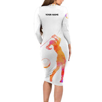 USA Golf Design Long Sleeve Bodycon Dress Watercolor Female Silhouette and Orange Gradient Flag and Ball Pattern - Wonder Print Shop