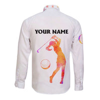USA Golf Design Long Sleeve Button Shirt Watercolor Female Silhouette and Orange Gradient Flag and Ball Pattern - Wonder Print Shop