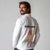 USA Golf Design Long Sleeve Polo Shirt Watercolor Female Silhouette and Orange Gradient Flag and Ball Pattern - Wonder Print Shop