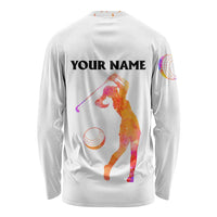 USA Golf Design Long Sleeve Shirt Watercolor Female Silhouette and Orange Gradient Flag and Ball Pattern - Wonder Print Shop