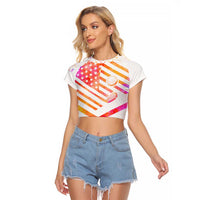 USA Golf Design Raglan Cropped T Shirt Watercolor Female Silhouette and Orange Gradient Flag and Ball Pattern - Wonder Print Shop