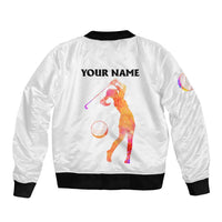 USA Golf Design Sleeve Zip Bomber Jacket Watercolor Female Silhouette and Orange Gradient Flag and Ball Pattern - Wonder Print Shop