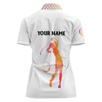 USA Golf Design Women Polo Shirt Watercolor Female Silhouette and Orange Gradient Flag and Ball Pattern - Wonder Print Shop