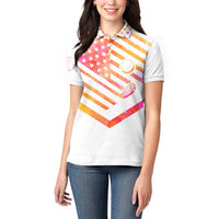 USA Golf Design Women Polo Shirt Watercolor Female Silhouette and Orange Gradient Flag and Ball Pattern - Wonder Print Shop