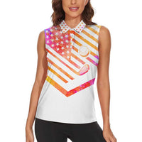 USA Golf Design Women Sleeveless Polo Shirt Watercolor Female Silhouette and Orange Gradient Flag and Ball Pattern - Wonder Print Shop
