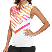 USA Golf Design Women Sleeveless Polo Shirt Watercolor Female Silhouette and Orange Gradient Flag and Ball Pattern - Wonder Print Shop