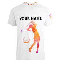 USA Golf Design Women V-Neck T-Shirt Watercolor Female Silhouette and Orange Gradient Flag and Ball Pattern - Wonder Print Shop