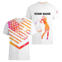 USA Golf Design Women V-Neck T-Shirt Watercolor Female Silhouette and Orange Gradient Flag and Ball Pattern - Wonder Print Shop