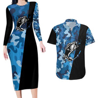 Custom Blue Camo Bass Fishing Couples Matching Long Sleeve Bodycon Dress and Hawaiian Shirt Fishing Rod Graphic Design - Wonder Print Shop