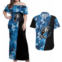 Custom Blue Camo Bass Fishing Couples Matching Off Shoulder Maxi Dress and Hawaiian Shirt Fishing Rod Graphic Design - Wonder Print Shop