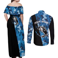 Custom Blue Camo Bass Fishing Couples Matching Off Shoulder Maxi Dress and Long Sleeve Button Shirt Fishing Rod Graphic Design - Wonder Print Shop