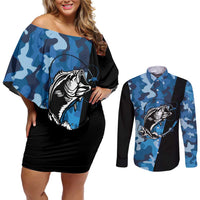 Custom Blue Camo Bass Fishing Couples Matching Off Shoulder Short Dress and Long Sleeve Button Shirt Fishing Rod Graphic Design - Wonder Print Shop
