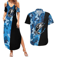 Custom Blue Camo Bass Fishing Couples Matching Summer Maxi Dress and Hawaiian Shirt Fishing Rod Graphic Design - Wonder Print Shop
