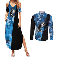 Custom Blue Camo Bass Fishing Couples Matching Summer Maxi Dress and Long Sleeve Button Shirt Fishing Rod Graphic Design - Wonder Print Shop