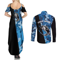 Custom Blue Camo Bass Fishing Couples Matching Summer Maxi Dress and Long Sleeve Button Shirt Fishing Rod Graphic Design - Wonder Print Shop