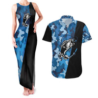 Custom Blue Camo Bass Fishing Couples Matching Tank Maxi Dress and Hawaiian Shirt Fishing Rod Graphic Design - Wonder Print Shop