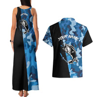 Custom Blue Camo Bass Fishing Couples Matching Tank Maxi Dress and Hawaiian Shirt Fishing Rod Graphic Design - Wonder Print Shop
