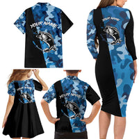 Custom Blue Camo Bass Fishing Family Matching Long Sleeve Bodycon Dress and Hawaiian Shirt Fishing Rod Graphic Design - Wonder Print Shop