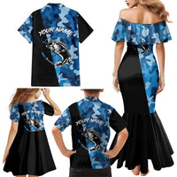 Custom Blue Camo Bass Fishing Family Matching Mermaid Dress and Hawaiian Shirt Fishing Rod Graphic Design - Wonder Print Shop