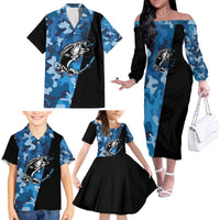 Custom Blue Camo Bass Fishing Family Matching Off The Shoulder Long Sleeve Dress and Hawaiian Shirt Fishing Rod Graphic Design - Wonder Print Shop