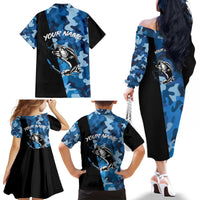 Custom Blue Camo Bass Fishing Family Matching Off The Shoulder Long Sleeve Dress and Hawaiian Shirt Fishing Rod Graphic Design - Wonder Print Shop