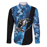 Custom Blue Camo Bass Fishing Family Matching Off The Shoulder Long Sleeve Dress and Hawaiian Shirt Fishing Rod Graphic Design - Wonder Print Shop