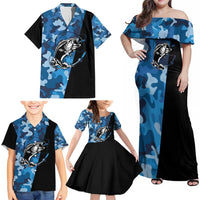 Custom Blue Camo Bass Fishing Family Matching Off Shoulder Maxi Dress and Hawaiian Shirt Fishing Rod Graphic Design - Wonder Print Shop