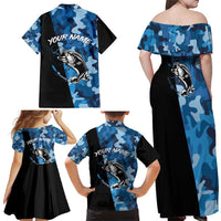 Custom Blue Camo Bass Fishing Family Matching Off Shoulder Maxi Dress and Hawaiian Shirt Fishing Rod Graphic Design - Wonder Print Shop