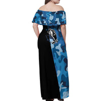 Custom Blue Camo Bass Fishing Family Matching Off Shoulder Maxi Dress and Hawaiian Shirt Fishing Rod Graphic Design - Wonder Print Shop