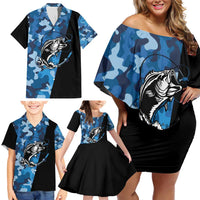 Custom Blue Camo Bass Fishing Family Matching Off Shoulder Short Dress and Hawaiian Shirt Fishing Rod Graphic Design - Wonder Print Shop