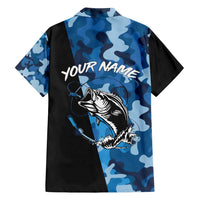 Custom Blue Camo Bass Fishing Family Matching Off Shoulder Short Dress and Hawaiian Shirt Fishing Rod Graphic Design - Wonder Print Shop