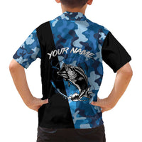 Custom Blue Camo Bass Fishing Family Matching Puletasi and Hawaiian Shirt Fishing Rod Graphic Design - Wonder Print Shop