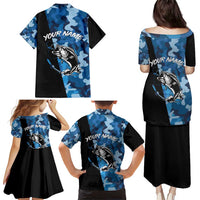 Custom Blue Camo Bass Fishing Family Matching Puletasi and Hawaiian Shirt Fishing Rod Graphic Design - Wonder Print Shop