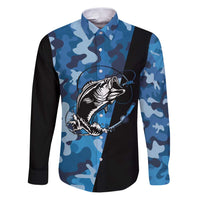 Custom Blue Camo Bass Fishing Family Matching Puletasi and Hawaiian Shirt Fishing Rod Graphic Design - Wonder Print Shop