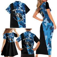 Custom Blue Camo Bass Fishing Family Matching Short Sleeve Bodycon Dress and Hawaiian Shirt Fishing Rod Graphic Design - Wonder Print Shop