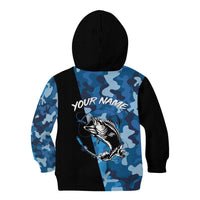Custom Blue Camo Bass Fishing Kid Hoodie Fishing Rod Graphic Design - Wonder Print Shop