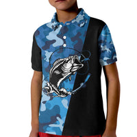 Custom Blue Camo Bass Fishing Kid Polo Shirt Fishing Rod Graphic Design - Wonder Print Shop