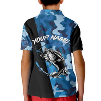Custom Blue Camo Bass Fishing Kid Polo Shirt Fishing Rod Graphic Design - Wonder Print Shop