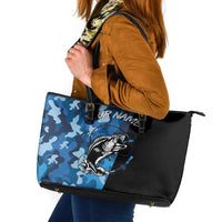 Custom Blue Camo Bass Fishing Leather Tote Bag Fishing Rod Graphic Design - Wonder Print Shop