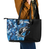 Custom Blue Camo Bass Fishing Leather Tote Bag Fishing Rod Graphic Design - Wonder Print Shop