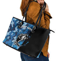 Custom Blue Camo Bass Fishing Leather Tote Bag Fishing Rod Graphic Design - Wonder Print Shop