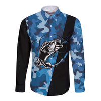 Custom Blue Camo Bass Fishing Long Sleeve Button Shirt Fishing Rod Graphic Design - Wonder Print Shop