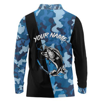Custom Blue Camo Bass Fishing Long Sleeve Polo Shirt Fishing Rod Graphic Design - Wonder Print Shop