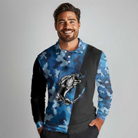 Custom Blue Camo Bass Fishing Long Sleeve Polo Shirt Fishing Rod Graphic Design - Wonder Print Shop