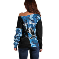 Custom Blue Camo Bass Fishing Off Shoulder Sweater Fishing Rod Graphic Design - Wonder Print Shop