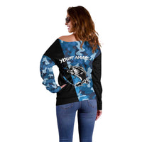 Custom Blue Camo Bass Fishing Off Shoulder Sweater Fishing Rod Graphic Design - Wonder Print Shop