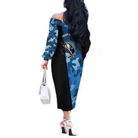 Custom Blue Camo Bass Fishing Off The Shoulder Long Sleeve Dress Fishing Rod Graphic Design - Wonder Print Shop