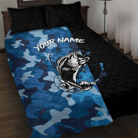 Custom Blue Camo Bass Fishing Quilt Bed Set Fishing Rod Graphic Design - Wonder Print Shop