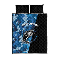 Custom Blue Camo Bass Fishing Quilt Bed Set Fishing Rod Graphic Design - Wonder Print Shop